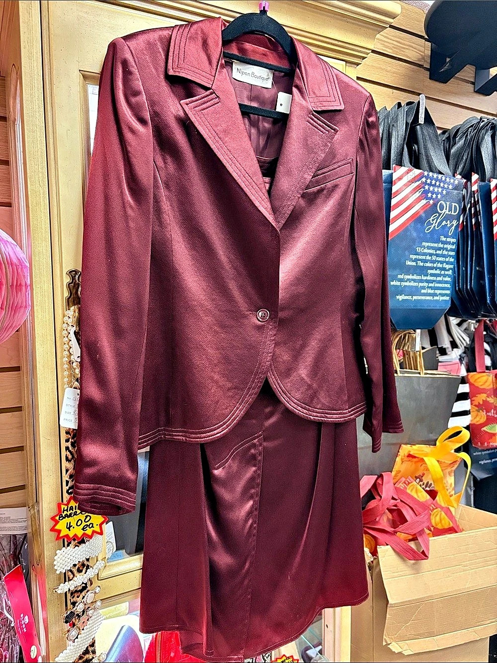 Nipon Boutique Burgundy Skirt Suit Satin